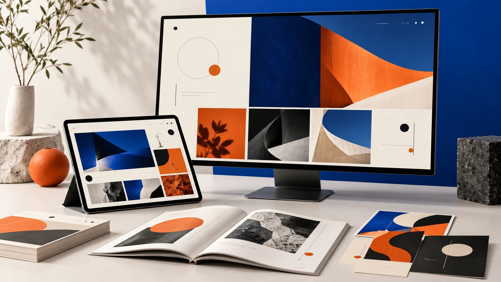 A curated composition of website designs and campaign materials on a display and tablet