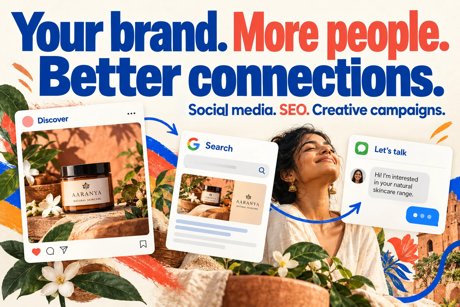 Social media & digital marketing. Social media. SEO. Creative campaigns. Your brand. More people. Better connections. Social campaign creative, search visibility and customer enquiry cards.
